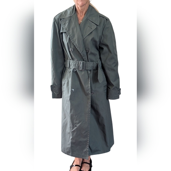Vintage 80s Army Green Trench Coat Belted Military Raincoat Minimalist Utility - Picture 2 of 9